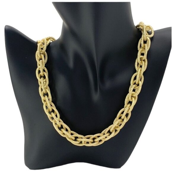 Chunky Gold Plated Chain Necklace Textured Link Elegant 19” Long Statement - Picture 6 of 8